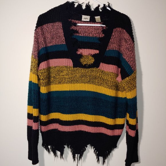 Daytrip Sweaters - Daytrip Striped Raw Hem and V-Neck Striped Pullover Sweater Size L Multicolored